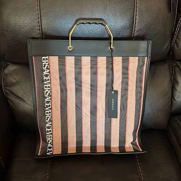 Versace unisex mesh penguin logo monogram top handle tote bag NEW - Picture 6 of 10